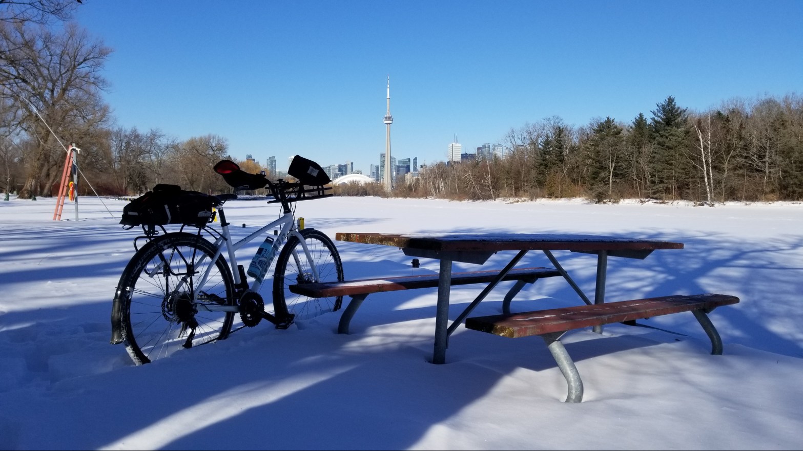Agnieszka's bicycle next to a park bench